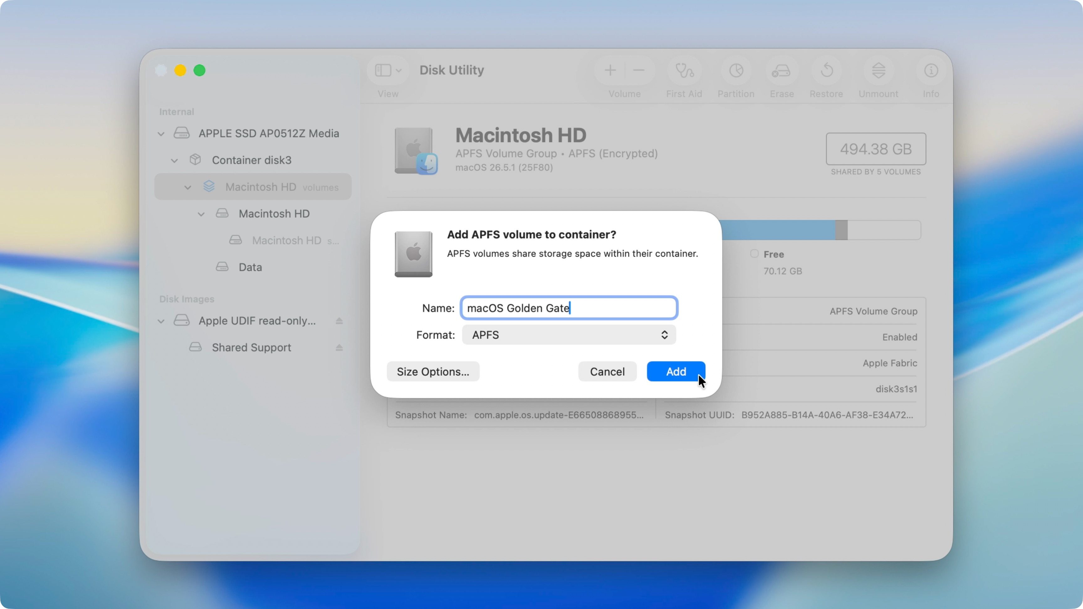 macOS Golden Gate creating APFS volume
