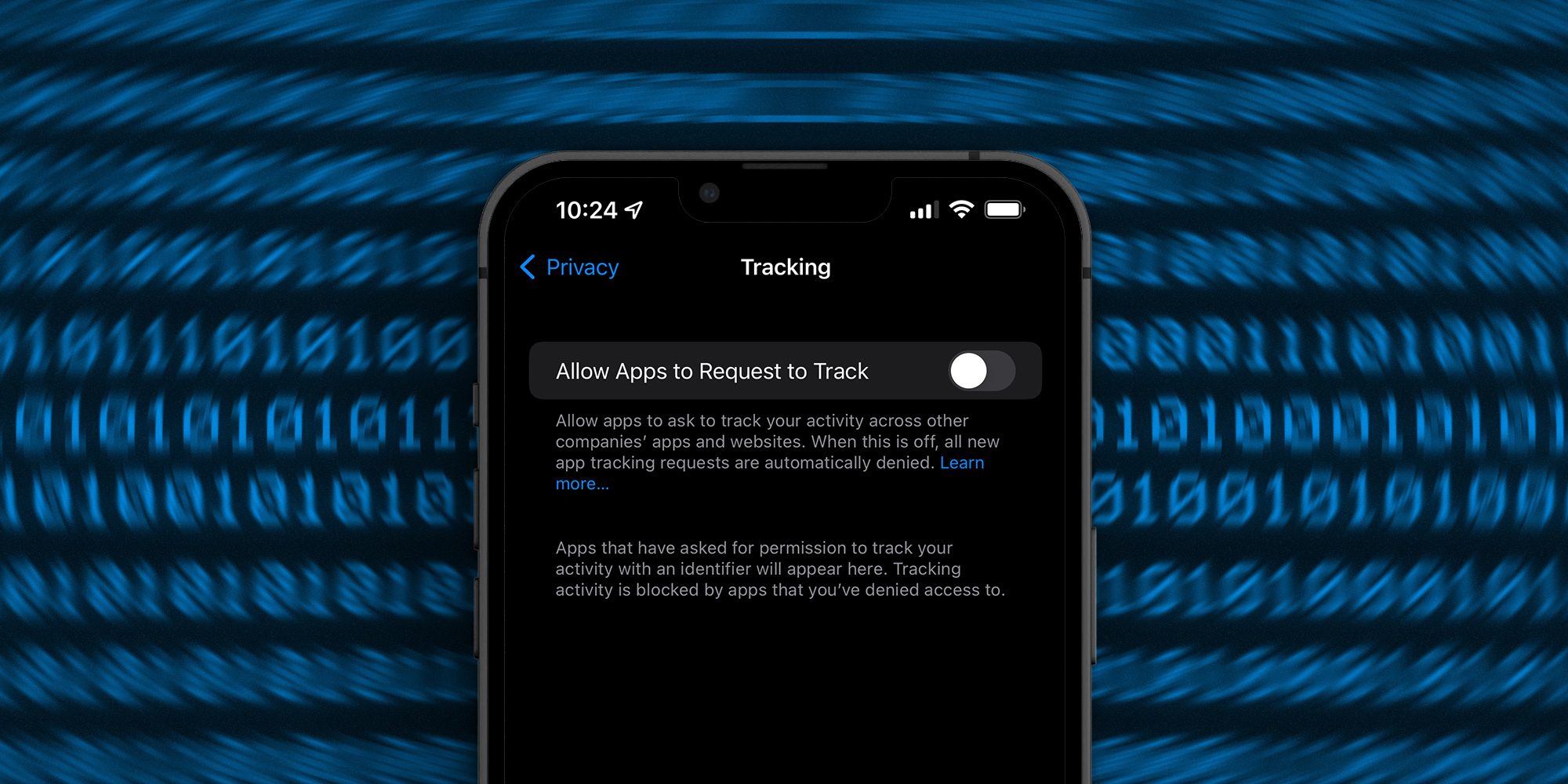 Apple will comply with 'fairer' App Tracking Transparency rules in the EU | A screen grab showing the ATT toggle against a background of ones and zeros